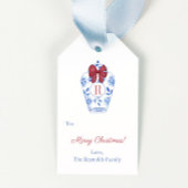 Elegant monogram rode strik vrolijk kerstfeest cadeaulabel