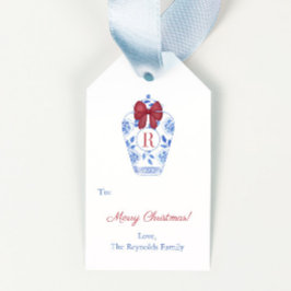 Elegant monogram rode strik vrolijk kerstfeest cadeaulabel