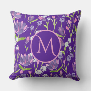 Elegant Monogram Romantic Paars Feminine Floral Kussen