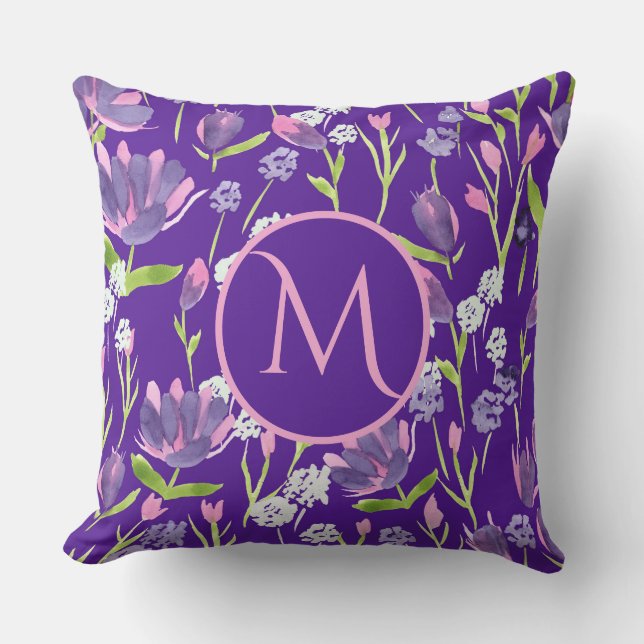 Elegant Monogram Romantic Paars Feminine Floral Kussen (Voorkant)