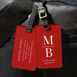 Elegant monogram rood en wit bagagelabel