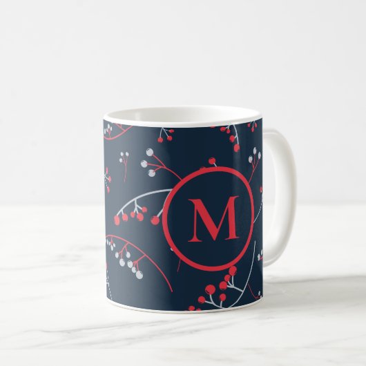 Elegant monogram rood pastel grijze bessen patroon koffiemok (Voorkant rechts)