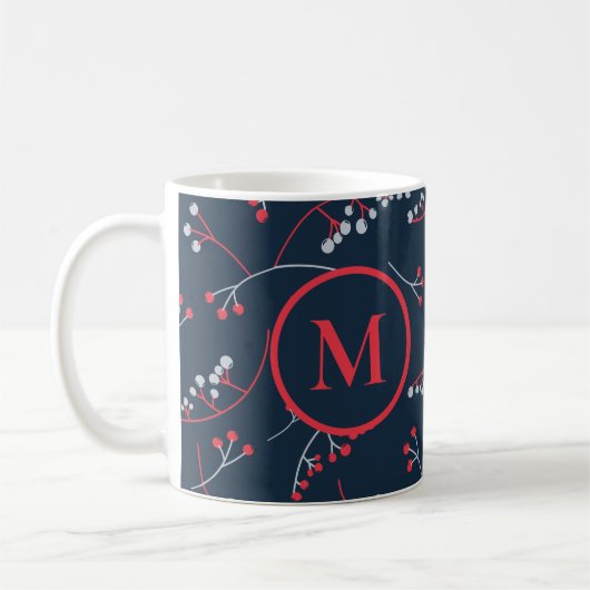 Elegant monogram rood pastel grijze bessen patroon koffiemok (Links)