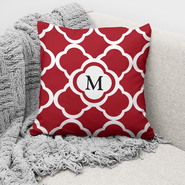 Elegant Monogram Rood Quatrefoil Patroon Kussen (Creator heeft geüpload)