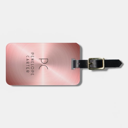 Elegant monogram rood roze metallic bagagelabel (Voorkant horizontaal)