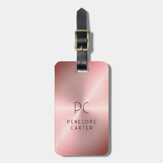 Elegant monogram rood roze metallic bagagelabel (Voorkant verticaal)