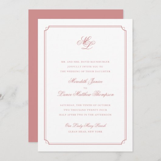 Elegant Monogram Roos Blush Script Bruiloft Kaart (Voorkant / Achterkant)