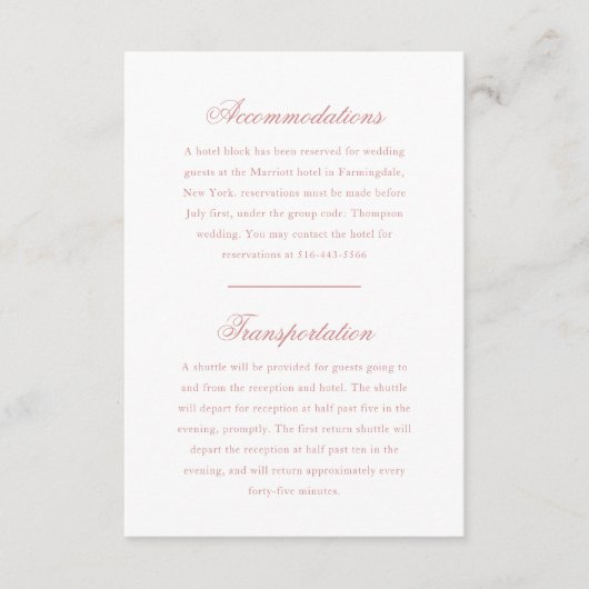 Elegant Monogram Roos Blush Script Wedding Hotel Informatiekaartje (Voorkant)