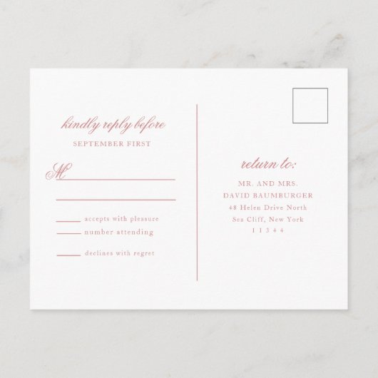 Elegant Monogram Roos Blush Script Wedding Reply Uitnodiging Briefkaart (Achterkant)