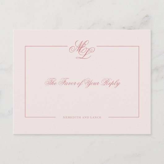 Elegant Monogram Roos Blush Script Wedding Reply Uitnodiging Briefkaart (Voorkant)