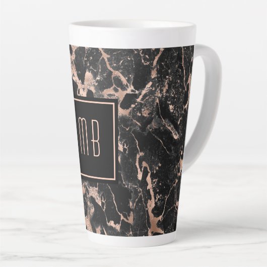 Elegant Monogram Roos Gold Black Marble Latte Mok (Rechterhoek)