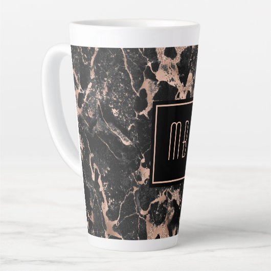 Elegant Monogram Roos Gold Black Marble Latte Mok (Linkerhoek)