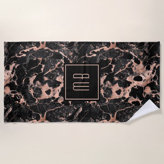 Elegant Monogram Roos Gold Black Marble Strandlaken (Voorkant)
