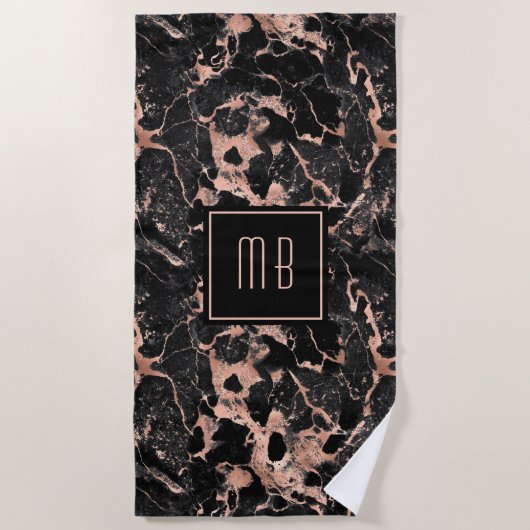 Elegant Monogram Roos Gold Black Marble Strandlaken (Voorkant)