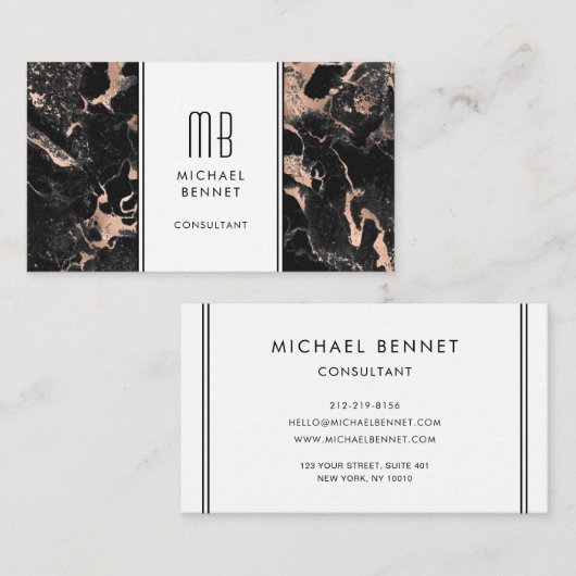 Elegant Monogram Roos Gold Black Marble Visitekaartje (Voorkant / Achterkant)