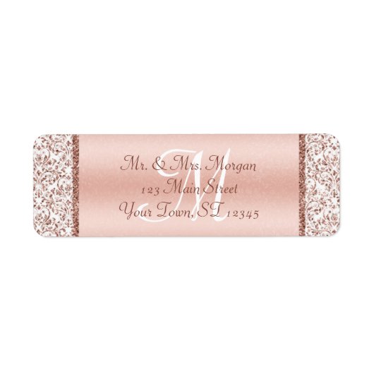 Elegant Monogram Roos Gold Damask Wedding Etiket (Voorkant)