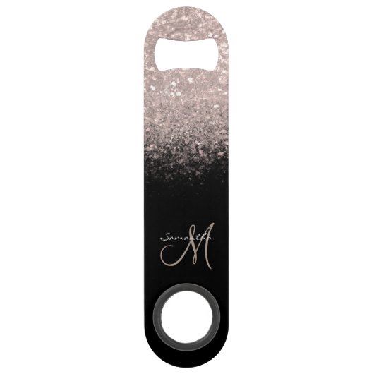 Elegant Monogram Roos Gold Glitter & Black Bar Key Speed Flessenopener (Achterkant)