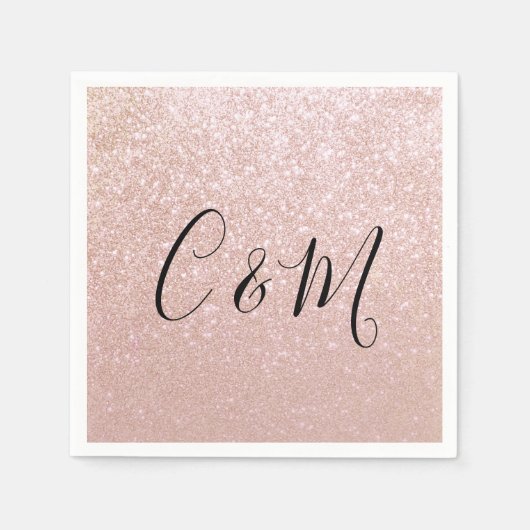 Elegant Monogram Roos Gold Glitter Wedding Napkins Servet (Voorkant)