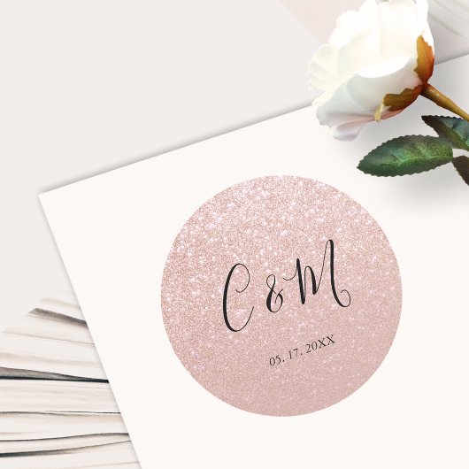 Elegant Monogram Roos Gold Glitter Wedding Ronde Sticker