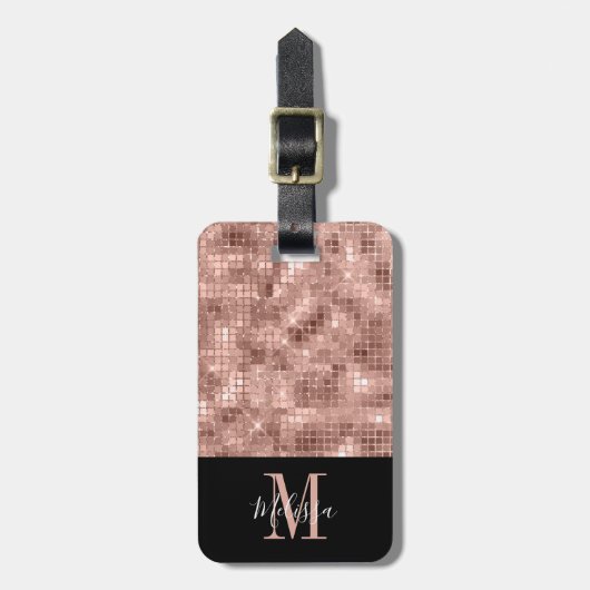 Elegant Monogram Roos Gold Sequin Bagagelabel (Voorkant verticaal)