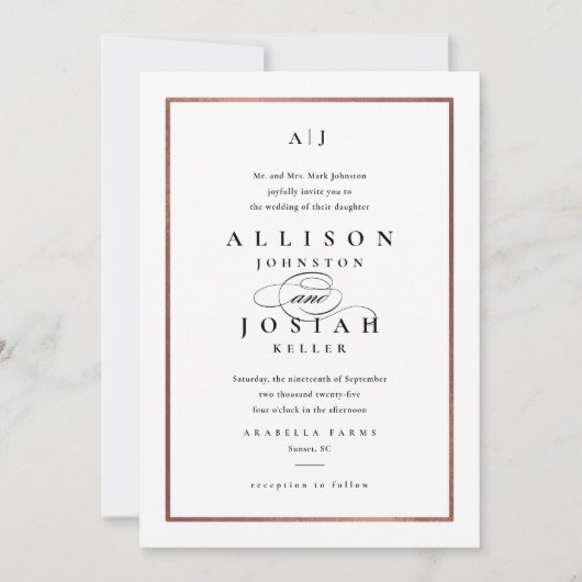 Elegant Monogram Roos Gold Wedding Kaart (Voorkant)