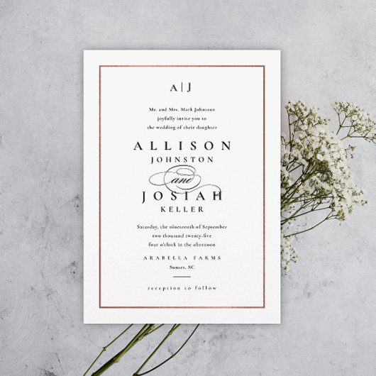Elegant Monogram Roos Gold Wedding Kaart