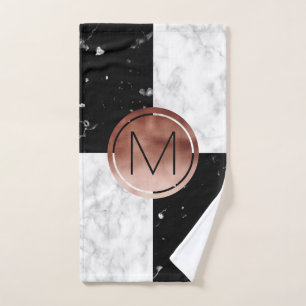 Elegant monogram roos gouden zwarte witte marmer bad handdoek