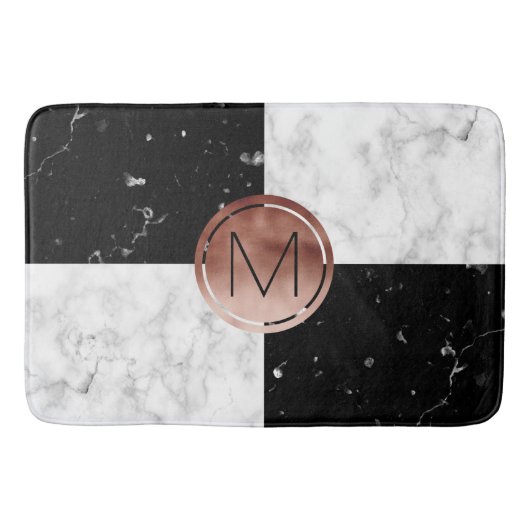 Elegant monogram roos gouden zwarte witte marmer badmat (Voorkant)