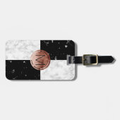 Elegant monogram roos gouden zwarte witte marmer bagagelabel (Voorkant horizontaal)