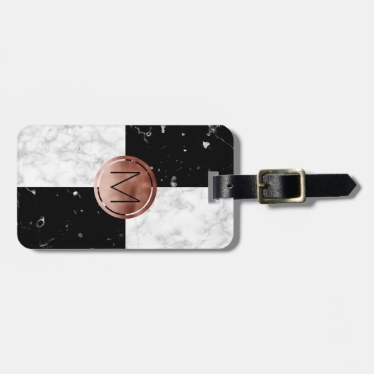 Elegant monogram roos gouden zwarte witte marmer bagagelabel (Voorkant horizontaal)