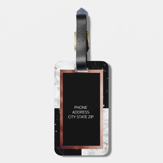 Elegant monogram roos gouden zwarte witte marmer bagagelabel (Achterkant verticaal)
