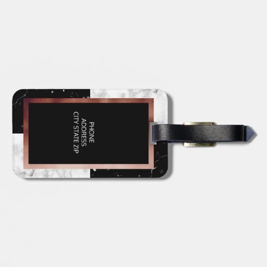 Elegant monogram roos gouden zwarte witte marmer bagagelabel (Achterkant horizontaal)