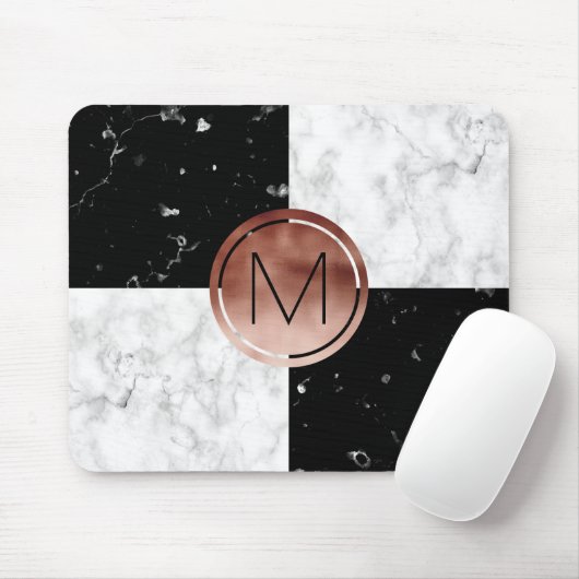 Elegant monogram roos gouden zwarte witte marmer muismat (Met muis)