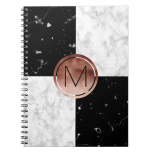 Elegant monogram roos gouden zwarte witte marmer notitieboek