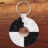 Elegant monogram roos gouden zwarte witte marmer sleutelhanger (Voorkant)