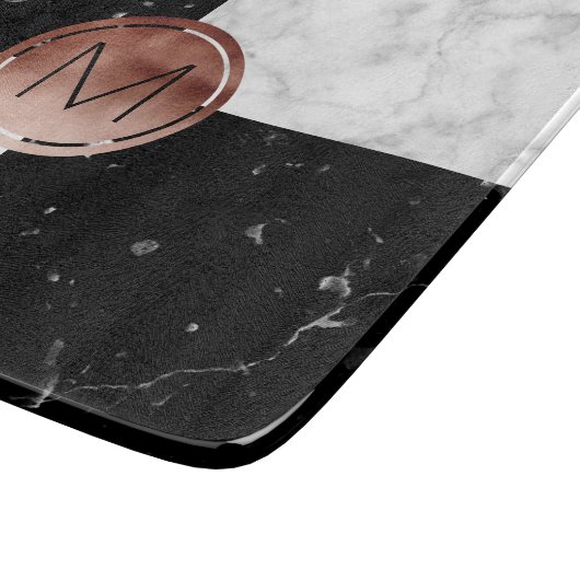 Elegant monogram roos gouden zwarte witte marmer snijplank (Hoek)