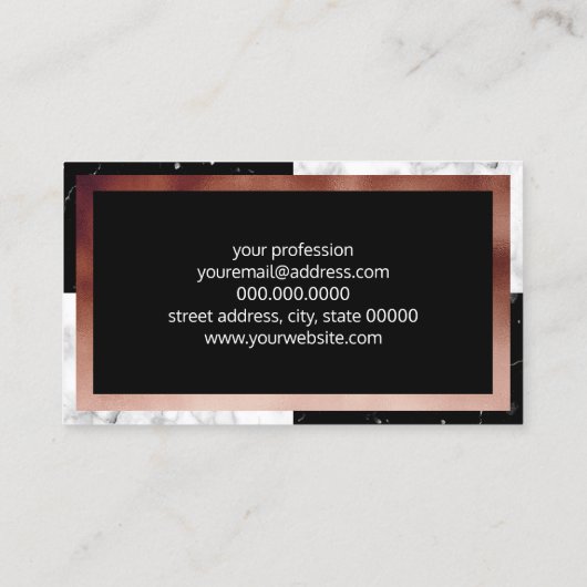 Elegant monogram roos gouden zwarte witte marmer visitekaartje (Achterkant)