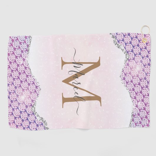 Elegant Monogram Roos roze Glitter Golfhanddoek (Horizontaal)