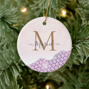 Elegant Monogram Roos roze Glitter Keramisch Ornament