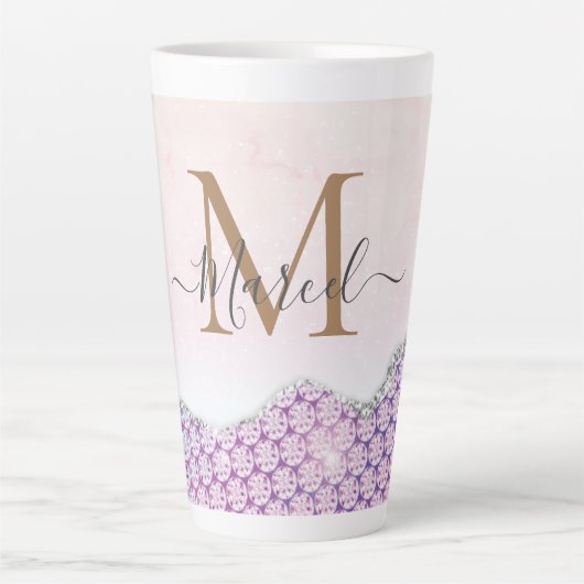 Elegant Monogram Roos roze Glitter Latte Mok (Voorkant)