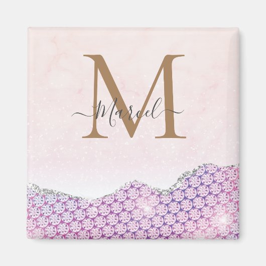 Elegant Monogram Roos roze Glitter Magneet (Voorkant)