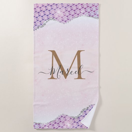 Elegant Monogram Roos roze Glitter Strandlaken (Voorkant)