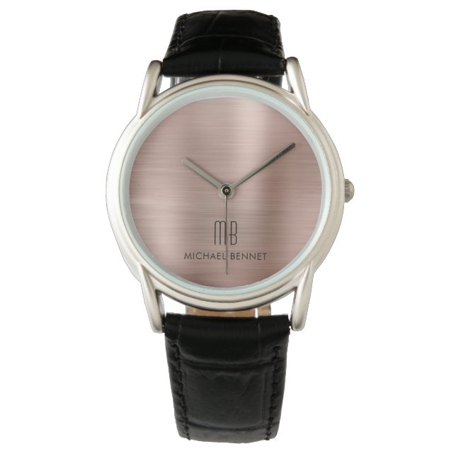 Elegant Monogram Rose Gold Brushed Metallic Horloge (Voorkant)