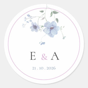 Elegant Monogram Roze & Blauwe Bloemige Trouwdag Ronde Sticker