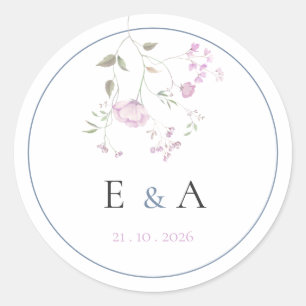 Elegant Monogram Roze & Blauwe Bloemige Trouwdag Ronde Sticker