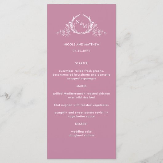 Elegant monogram roze bruiloft menu (Voorkant)