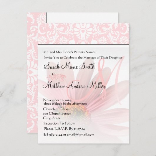 Elegant Monogram Roze Daisy bruiloft uitnodiging (Voorkant / Achterkant)