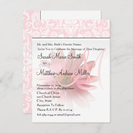 Elegant Monogram Roze Daisy bruiloft uitnodiging (Voorkant / Achterkant)