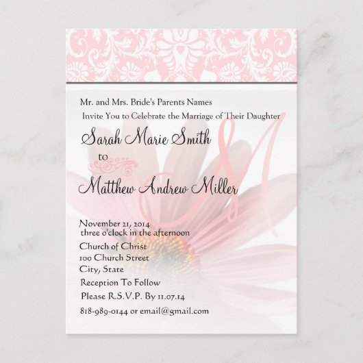 Elegant Monogram Roze Daisy bruiloft uitnodiging Briefkaart (Voorkant)