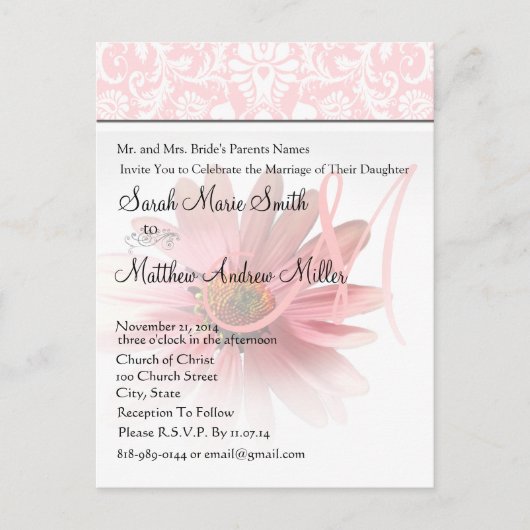 Elegant Monogram Roze Daisy bruiloft uitnodiging Briefkaart (Voorkant)